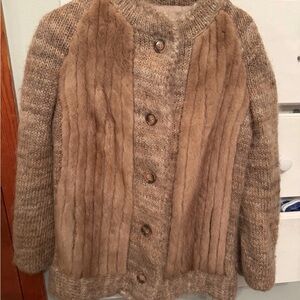 Elegant Brown Knit/Fur Cardigan with Button Closure